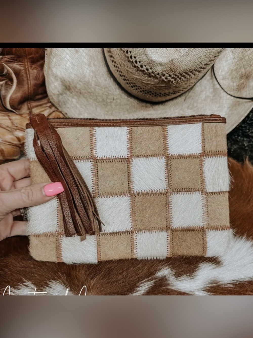 Leather Tassel Checkered Clutch - Cream & Tan